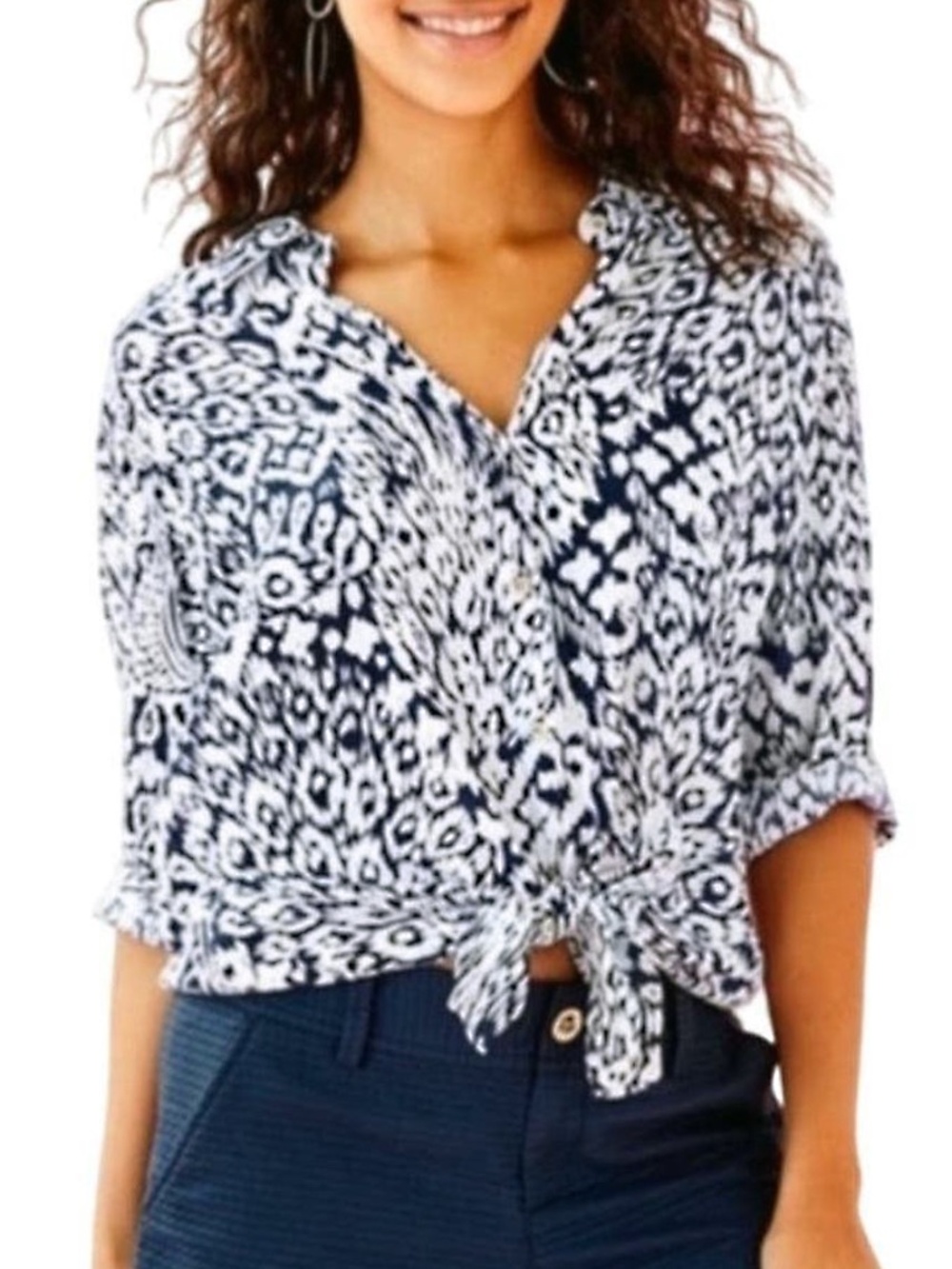Lilly Pulitzer - Sea View Button Down Blue White Ikat Long Sleeve Shirt - XL